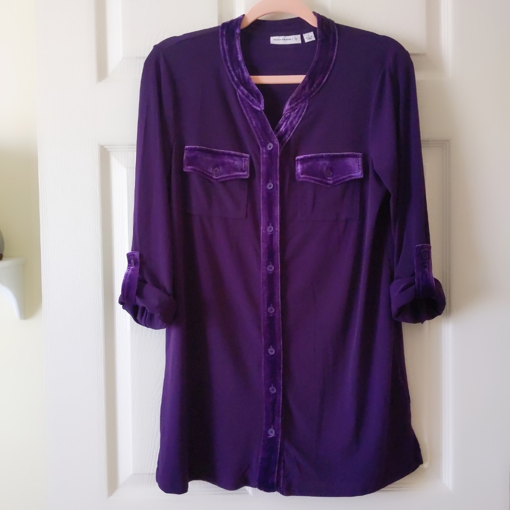 Susan Graver Purple Velour Trim Tunic Shirt size Small
